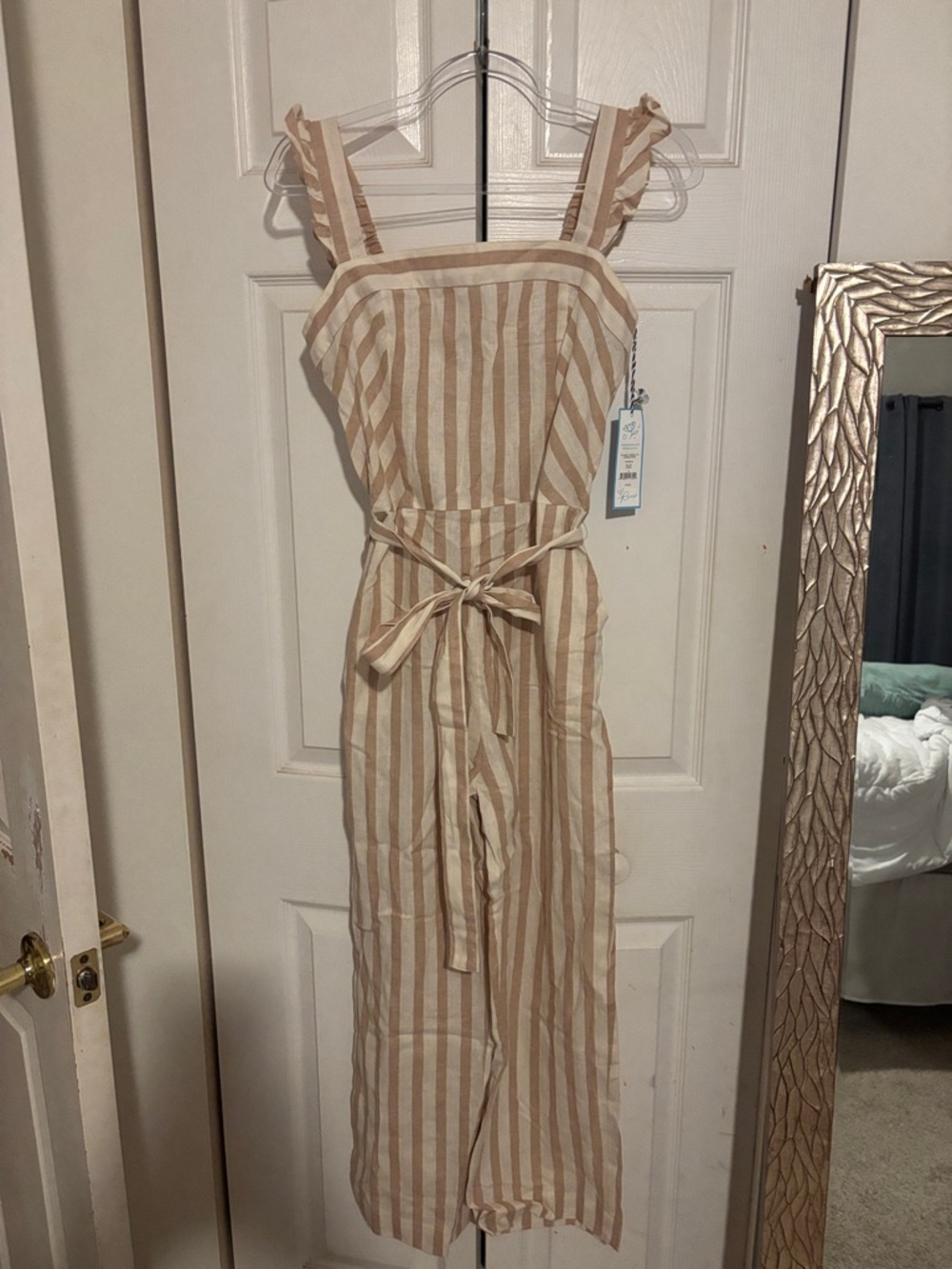 Draper James Beige and White Striped Wide-Leg Jumpsuit
